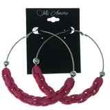 Silver-Tone & Pink Colored Metal Hoop-Earrings With Bead Accents #LQE1189