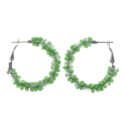 Green & Clear Colored Metal Hoop-Earrings With Bead Accents #LQE1193