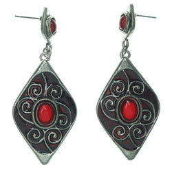 Red & Silver-Tone Colored Metal Dangle-Earrings With Bead Accents #LQE1194