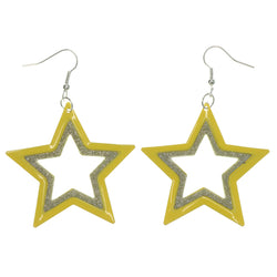 Glitter Sparkle Star Dangle-Earrings Yellow & Silver-Tone Colored #LQE1209