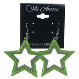 Glitter Sparkle Star Dangle-Earrings Green & Silver-Tone Colored #LQE1213