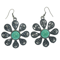 Flower Dangle-Earrings With Stone Accents Silver-Tone & Green Colored #LQE1218