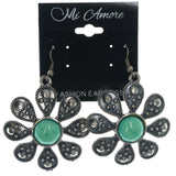 Flower Dangle-Earrings With Stone Accents Silver-Tone & Green Colored #LQE1218