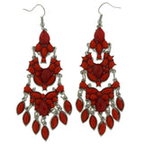 Red & Silver-Tone Colored Metal Dangle-Earrings With Bead Accents #LQE121