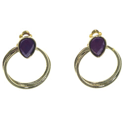Gold-Tone & Purple Colored Metal Clip-On-Earrings With Bead Accents #LQE1236