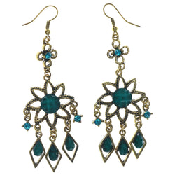 Gold-Tone & Green Colored Metal Dangle-Earrings With Stone Accents #LQE1256
