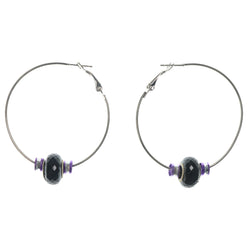 Silver-Tone & Purple Colored Metal Hoop-Earrings With Bead Accents #LQE1257