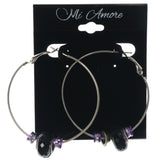 Silver-Tone & Purple Colored Metal Hoop-Earrings With Bead Accents #LQE1257