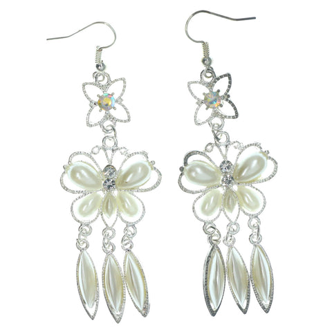 Butterfly Dangle-Earrings With Bead Accents Silver-Tone & White Colored #LQE1258