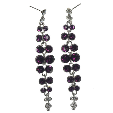 Silver-Tone & Purple Colored Metal Dangle-Earrings With Crystal Accents #LQE1265
