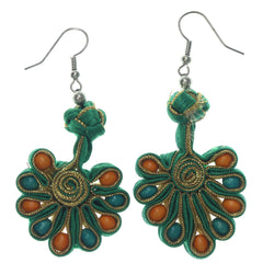 Green & Gold-Tone Colored Fabric Dangle-Earrings With Bead Accents #LQE1287