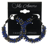 Blue & Silver-Tone Colored Metal Hoop-Earrings With Bead Accents #LQE1289