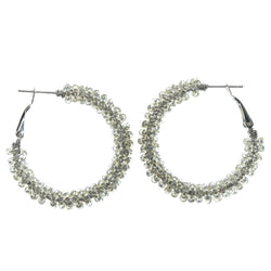 Silver-Tone & Clear Colored Metal Hoop-Earrings With Bead Accents #LQE1324