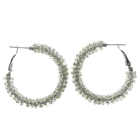 Silver-Tone & Clear Colored Metal Hoop-Earrings With Bead Accents #LQE1324