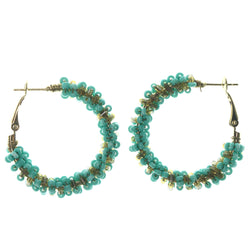 Gold-Tone & Green Colored Metal Hoop-Earrings With Bead Accents #LQE1338