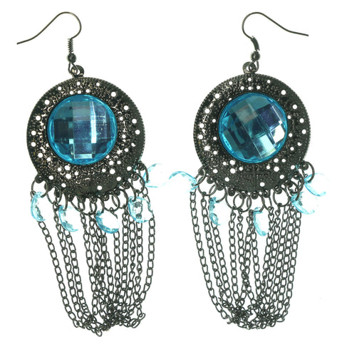 Silver-Tone & Blue Colored Metal Dangle-Earrings With Crystal Accents #LQE1352