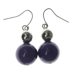 Purple & Silver-Tone Colored Metal Dangle-Earrings With Bead Accents #LQE1363
