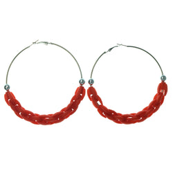 Silver-Tone & Red Colored Metal Hoop-Earrings With Bead Accents #LQE1364