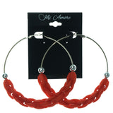 Silver-Tone & Red Colored Metal Hoop-Earrings With Bead Accents #LQE1364
