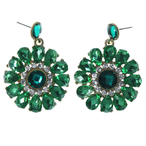 Flower Dangle-Earrings With Crystal Accents Green & Gold-Tone Colored #LQE1370