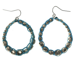 Silver-Tone & Blue Colored Metal Dangle-Earrings With Bead Accents #LQE1378