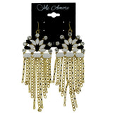 Gold-Tone & White Colored Metal Dangle-Earrings With Crystal Accents #LQE138