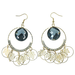 Leaf Dangle-Earrings With Crystal Accents Gold-Tone & Black Colored #LQE1401