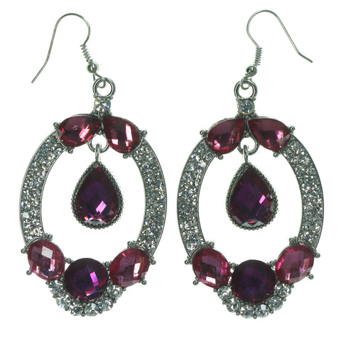 Silver-Tone & Pink Colored Metal Dangle-Earrings With Crystal Accents #LQE1402