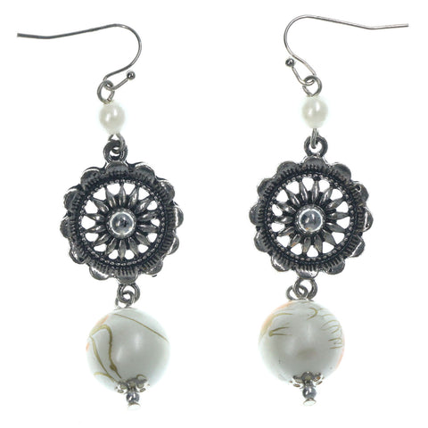 Flower Dangle-Earrings With Bead Accents Silver-Tone & Orange Colored #LQE1408