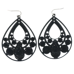 Black & Silver-Tone Colored Metal Dangle-Earrings With Crystal Accents #LQE1413