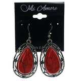 Flower Dangle-Earrings With Stone Accents Silver-Tone & Red Colored #LQE1415
