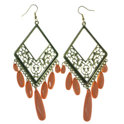 Gold-Tone & Peach Colored Metal Dangle-Earrings With Bead Accents #LQE1484