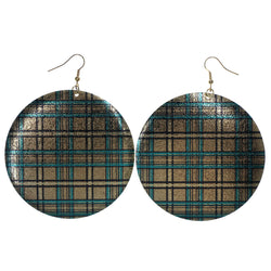 Plaid Sparkly Dangle-Earrings Gold-Tone & Blue Colored #LQE1485
