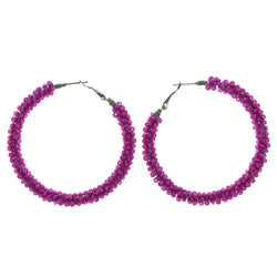 Pink & Silver-Tone Colored Metal Hoop-Earrings With Bead Accents #LQE1488