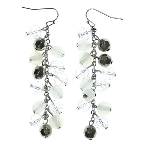 Silver-Tone & Clear Colored Metal Dangle-Earrings With Bead Accents #LQE1490