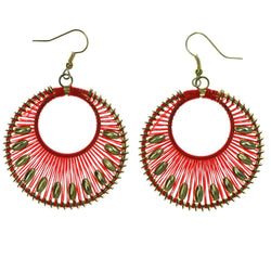 Red & Gold-Tone Colored Fabric Dangle-Earrings With Bead Accents #LQE1492