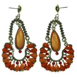 Gold-Tone & Orange Colored Metal Dangle-Earrings With Crystal Accents #LQE1505