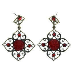 Gold-Tone & Red Colored Metal Dangle-Earrings With Stone Accents #LQE1534
