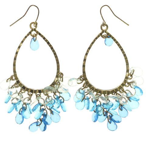 Gold-Tone & Blue Colored Metal Dangle-Earrings With Crystal Accents #LQE1544
