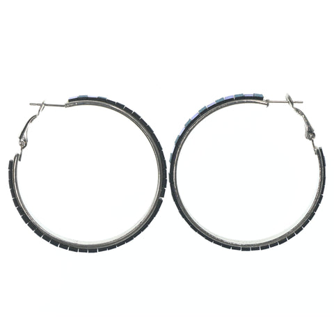 Sparkly Glittered Hoop-Earrings With Bead Accents Blue & Silver-Tone Colored #LQE1568