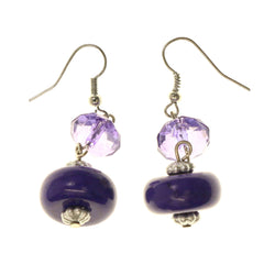 Purple & Silver-Tone Colored Metal Dangle-Earrings With Bead Accents #LQE2208