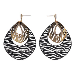 Zebra Print Drop-Dangle-Earrings With Crystal Accents Black & Gold-Tone Colored #LQE2368