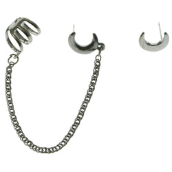 Ear Cuff Chain Linked Crescent Moon Stud-Earrings Silver-Tone Color  #LQE287