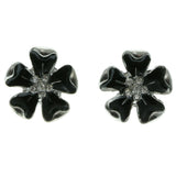 Flower Stud-Earrings With Crystal Accents Silver-Tone & Black Colored #LQE290