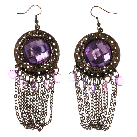 Silver-Tone & Purple Colored Metal Dangle-Earrings With Bead Accents #LQE2945