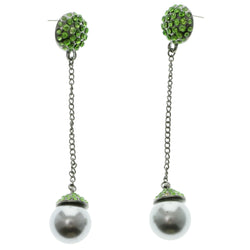 Silver-Tone & Green Colored Metal Dangle-Earrings With Crystal Accents #LQE294
