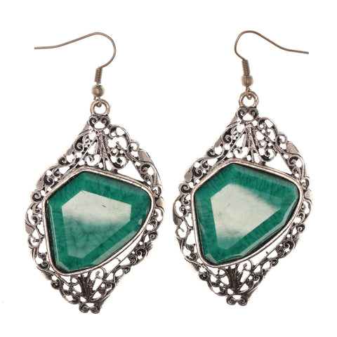 Silver-Tone & Green Colored Metal Dangle-Earrings With Stone Accents #LQE2950