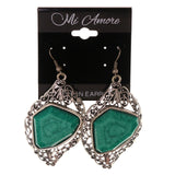Silver-Tone & Green Colored Metal Dangle-Earrings With Stone Accents #LQE2950
