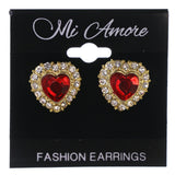 Heart Stud-Earrings With Crystal Accents Gold-Tone & Red Colored #LQE3489