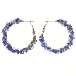Blue & Silver-Tone Colored Metal Hoop-Earrings With Bead Accents #LQE3576